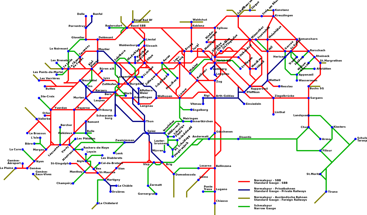 Vergrösserte Ansicht: Schweizer Eisenbahnnetz ( CC BY-SA 3.0 / TracksOnWax via Wikimedia Commons)